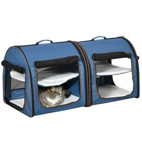 PawHut Portable Twin Compartment Show House Cat Cage 39" Soft-Sided Pet Kennel with Soft Cushions & Storage Bag Blue