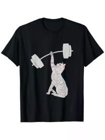 Cat Deadlifting Funny Fitness Gym Lover Cat BarBell T-Shirt, 100% Cotton, Single Side Printed, Black Short Sleeve T-shirt