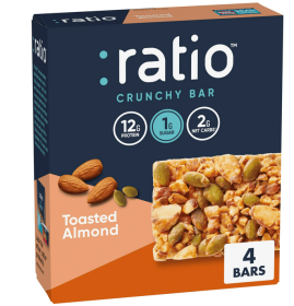 Ratio Crunchy Bar, Toasted Almond, 12g Protein, Keto Friendly, 5.8 oz (4 Bars)