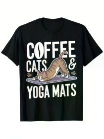 Coffee Cats and Yoga Mats Funny Cat Lover Yoga T-Shirt, 100% Cotton, Single Side Printed, Black Short Sleeve T-shirt