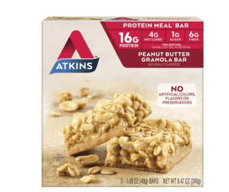 Atkins Peanut Butter Granola Protein Meal Bar, High Fiber, Low Sugar, Meal Replacement, Keto Friendly, 5 Count