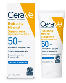 CeraVe Hydrating Mineral Sunscreen SPF 50 Face Lotion for Sensitive Skin, Kids & Adults, 2.5 oz
