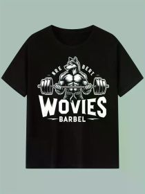 Men's Wolf Barbell Graphic T-Shirt - 100% Cotton, Short Sleeve, Black, Fitness & Strength Design, Perfect Gift for Gym Enthusiasts