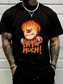 Men's 100% Cotton Cartoon & Letter Print T-Shirt - Casual Round Neck, Short Sleeve Tee for Casual Attire & Fitness - Breathable & Machine Washable