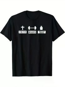 Faith, Weights & Protein Powder" Humorous Christian Fitness T-Shirt for Men - 100% Cotton, Comfortable Short Sleeve