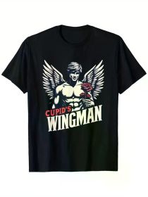 Naughty Cupid'S Wingman Funny Valentines Muscle Fitness Puns T-Shirt, 100% Cotton, Single Side Printed, Black Short Sleeve T-shirt