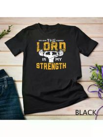 Men's "Lord Is My Power" Christian Fitness T-Shirt, Black Cotton T-Shirt with Cross Pattern, Perfect for Sports and Casual Wear