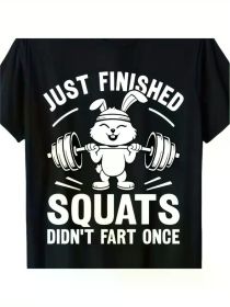 Humorous Men's Fitness T-Shirt Just Finished Squats - 100% Cotton, Breathable | Black cartoon rabbit weightlifting design