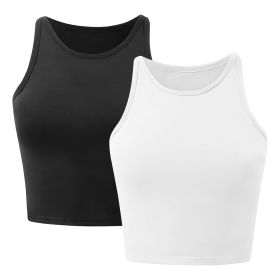 Women Sleeveless Cropped Tank Top High Neck Crop Racer Back Workout Top Machine Washable Summer (Color: Black_WHT, size: 2XL)