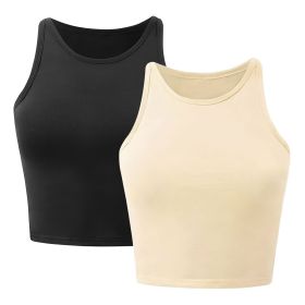 Women Sleeveless Cropped Tank Top High Neck Crop Racer Back Workout Top Machine Washable Summer (Color: Black_Khaki, size: 2XL)