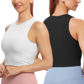 Women Sleeveless Cropped Tank Top High Neck Crop Racer Back Workout Top Machine Washable Summer (Color: Black_WHT, size: M)