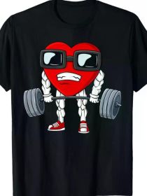 Valentine's Day Heart Weightlifting Funny Deadlift Fitness T-Shirt, 100% Cotton Crew Neck (Color: Black, size: XL)