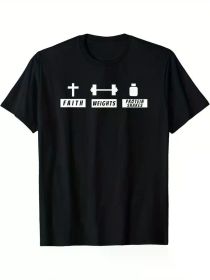 Faith, Weights & Protein Powder" Humorous Christian Fitness T-Shirt for Men - 100% Cotton, Comfortable Short Sleeve (Color: Black, size: S)
