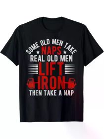Humorous "Old Men Lift Iron" Cotton T-Shirt - Black, Weightlifting & Fitness Theme, Round Neck (Color: Black, size: M)